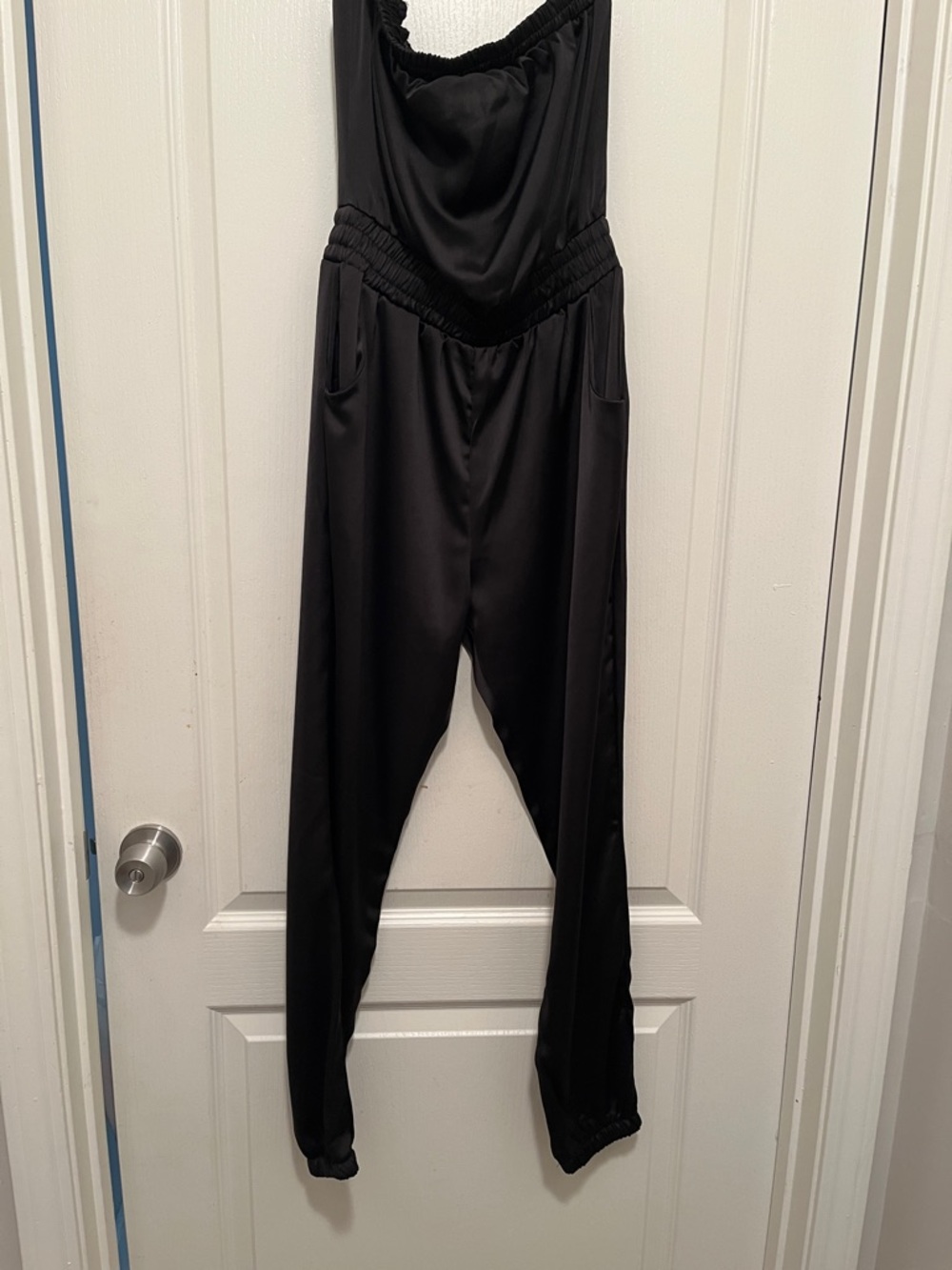 Forever 21 Black Strapless Satin Jumpsuit with Elastic Waist